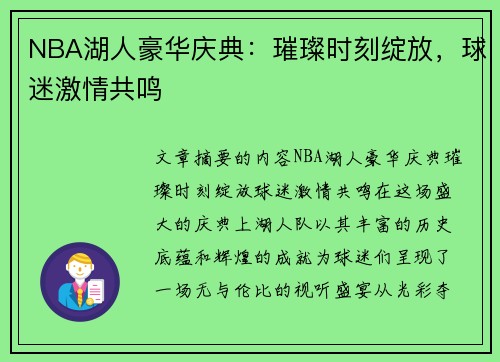 NBA湖人豪华庆典：璀璨时刻绽放，球迷激情共鸣